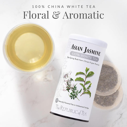 The Republic of Tea Asian Jasmine 100% White Tea, Low Caffeine, 50 Count | A gentle cup for everyday sipping. Delicate and smooth. Gluten Free and Carb Free.