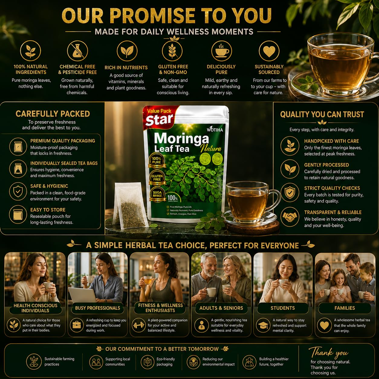 WOTIHA Moringa Tea Herbal Bags, 60 Count,100% Pure & Natural Moringa Leaves, Cultivated From India-Supports Daily Wellness & Digestion, Non-GMO Caffeine-Free