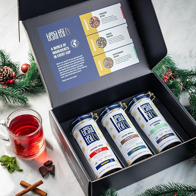 Tiesta Tea - Holiday Loose Leaf Tea Gift Set, High to Non-Caffeinated Holiday Blends, 3 Tins of Hot & Iced Brews Variety Pack, Fireside Spice, Peppermint Cocoa & Cocoa Mocha