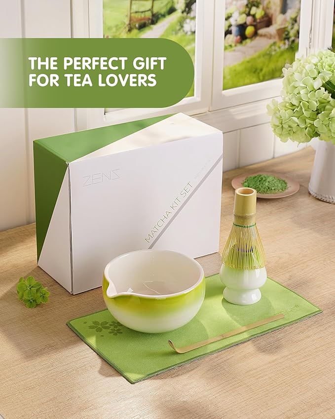 ZENS Matcha Whisk Set, 5pcs Matcah Kit Includes Ceramic Bowl with Spout, Handcrafted Bamboo Whisk, (Chasen) Holder, Scoop & Tea Mat, Matcha Set Gift for Tea Ceremony, Green