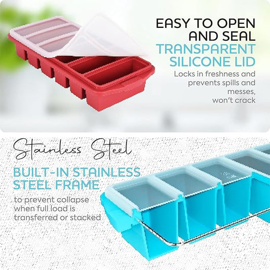 1/2 Cup Silicone Freezer Tray With Lid - Silicone Freezer Molds 2-Pack For meal prep & freezing of various sauces and other dishes, makes 12 perfect 1/2 cup portions cubes,oven and dishwasher safe