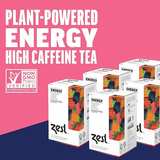 Zest Energy Green Tea - Superberry Samba - High Caffeine Strawberry, Acai, & Passion Fruit Tea - Caffeinated Coffee Altnernative with Antioxidants - Natural, Non-GMO & Keto - 15Ct Box - 135mg Caf
