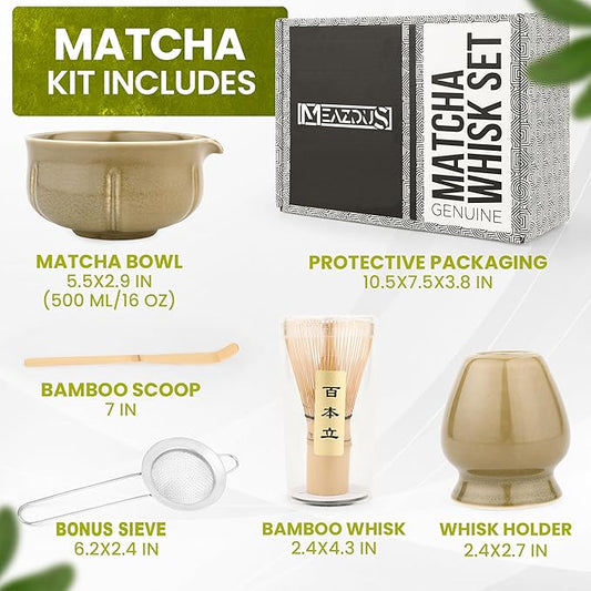 Matcha Whisk Set – 5 Piece Japanese Matcha Tea Set w/Ceramic Matcha Bowl, 100-Prong Bamboo Whisk & Holder, Scoop, & Stainless Sifter – Traditional Matcha Making Kit (Mottled Green)