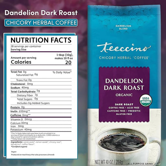 Teeccino Dandelion Dark Roast Herbal Coffee - 10 oz - Caffeine-Free Coffee Alternative with Prebiotics, Gluten Free, Acid Free, Organic
