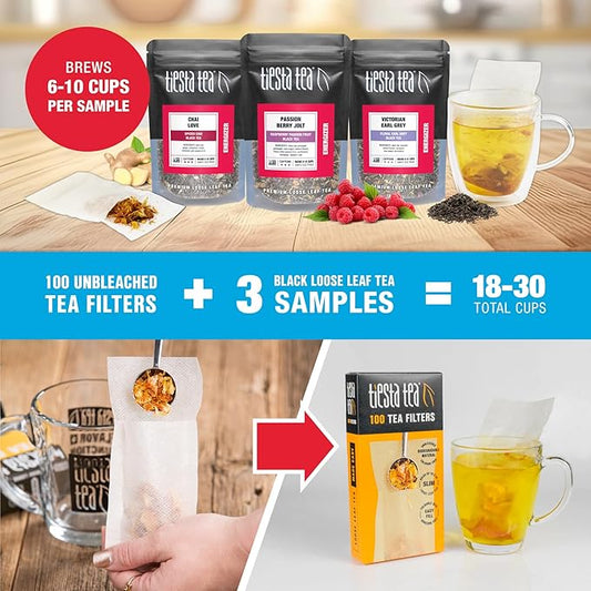 Tiesta Tea - Black Tea Starter Kit, Loose Leaf, Premium Black Gift Set, High Caffeinated, Make Hot or Iced, Variety Pack with 3 Samplers & 100 Disposable Filters