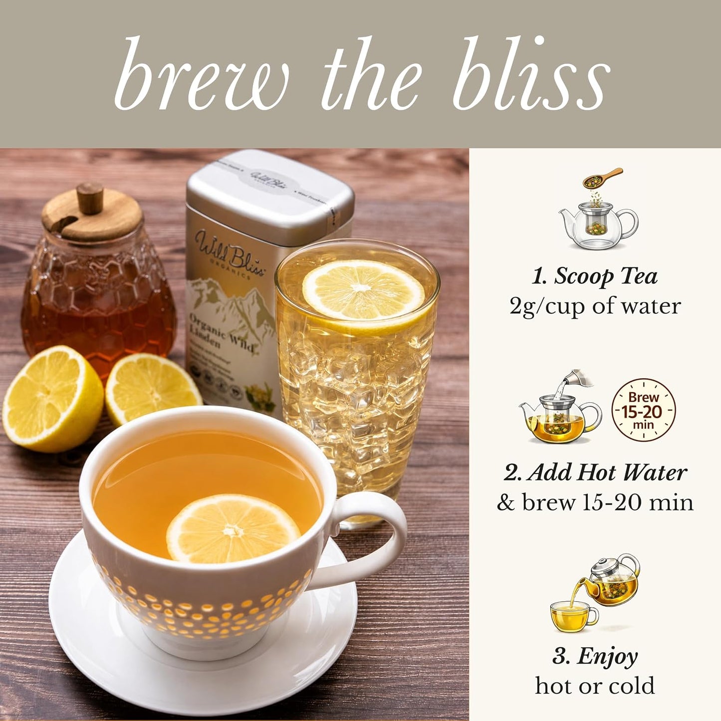 Wild Bliss Organic Linden Flower Tea - Caffeine Free Loose Leaf Calming Herbal Tea - 2.82 Ounces - 40 Servings