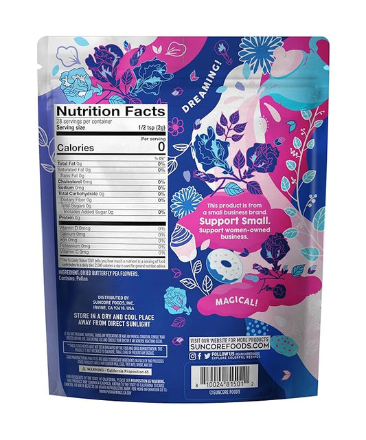 Suncore Foods Dried Butterfly Pea Flowers Bloom, Caffeine-Free Tea, Gluten-Free, Non-GMO, 2oz (1 Pack)