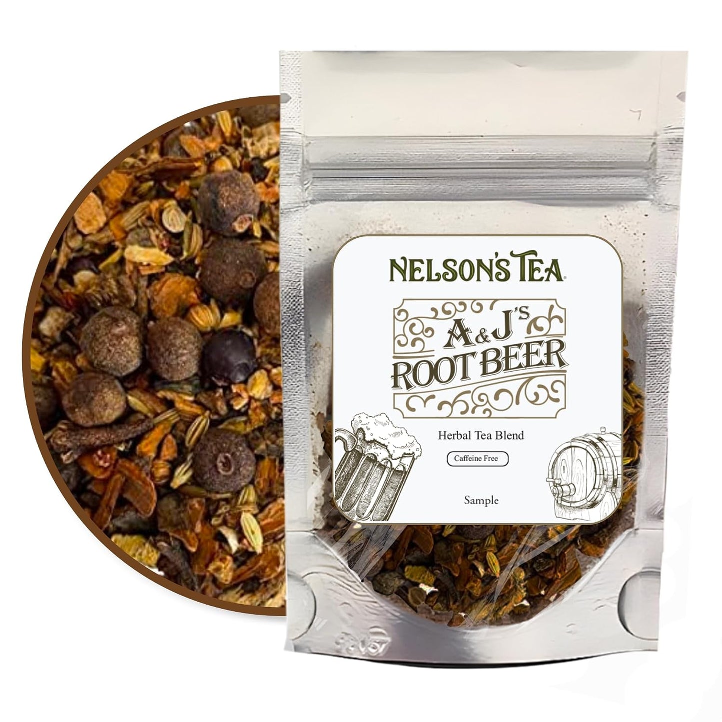 Nelson's Tea A & J's Root Beer Sarsaparilla Loose Leaf Tea, Sample, 0.5 oz | Herbal • Burdock • Birch Bark • Dandelion • Caffeine Free • Tea • Root Beer • Sarsaparilla Root Tea