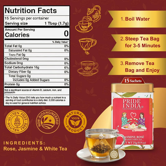 Pride of India Jasmine Rose Floral White Tea – 90 Pyramid Tea Bags (6 PACK) | Individually Wrapped Full Leaf White Tea with Rose & Jasmine | Sweet Flavor Low Caffeine Tea for Smooth Calming Experience