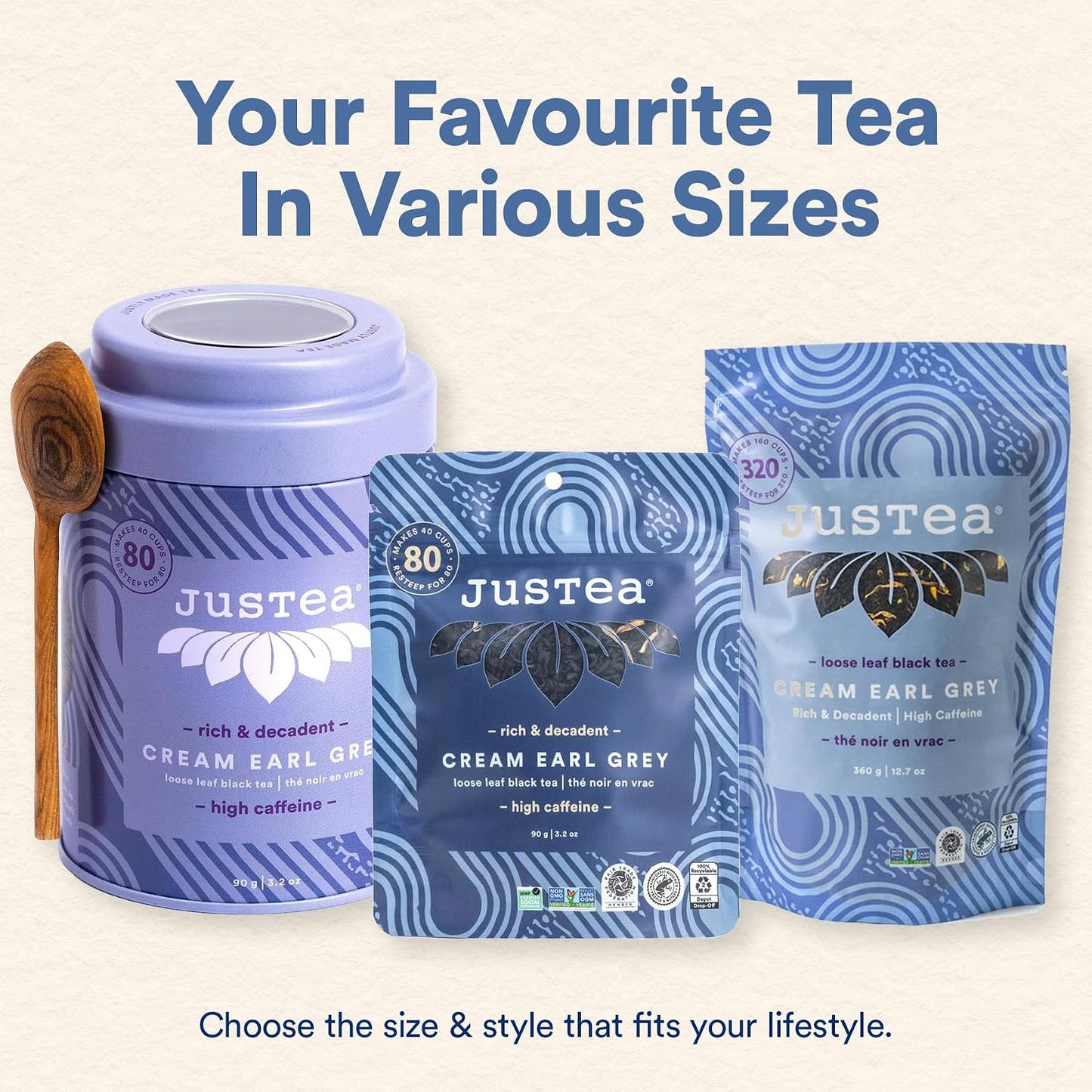 JusTea CREAM EARL GREY Loose Leaf Black Tea, 40+ Cups Pouch, 4/5 Caffeine | Fair-Trade CREAM EARL GREY Loose Leaf Black Tea. 90g/3.2oz Resealable Pouch. Steeps 40+ cups. 4/5 Caffeine. Organic.