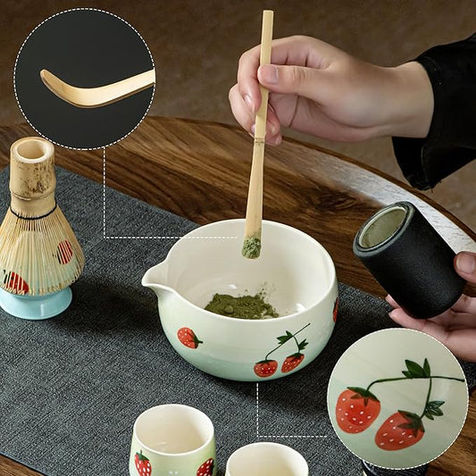 Matcha Whisk Set, Cute Strawberry Matcha Bowl Set with 2 Cups, Bamboo Whisk, Scoop & Holder, Matcha Kit Gift for Tea Lovers and Tea Ceremony