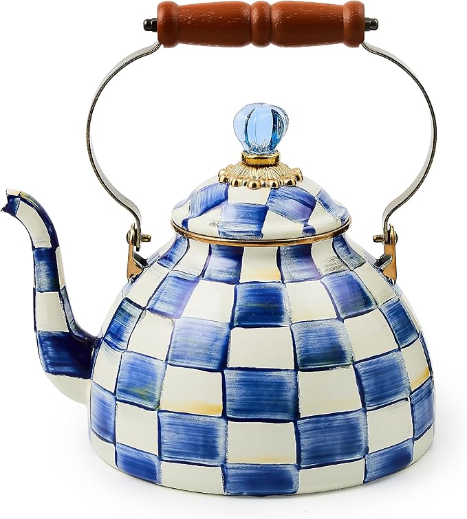 MACKENZIE-CHILDS Enamel Tea Kettle, Stylish Tea Kettle for Stovetop, Blue-and-White Royal Check, 3 Q