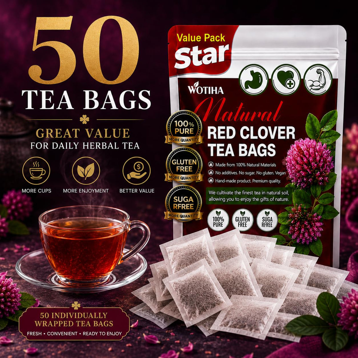 WOTIHA Premium Red Clover Tea Bags, 50 Count – 100% Natural Red Clover Herb, Rich in Antioxidants, Additive-Free