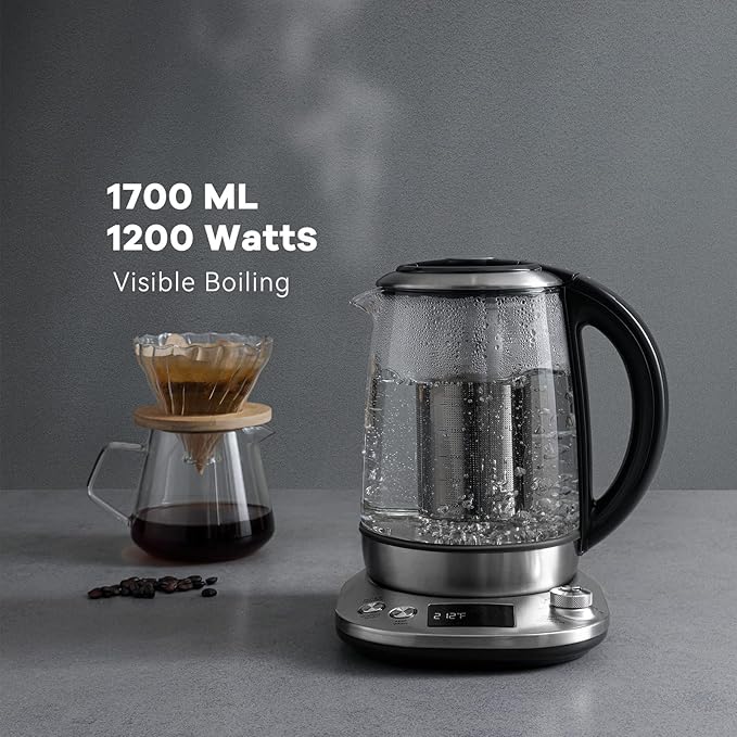 Mecity Electric Tea Kettle with Removable Infuser, 9 Preset Brewing Programs, Temperature Control, 2 Hours Keep Warm, Borosilicate Glass, 1.7 Liter