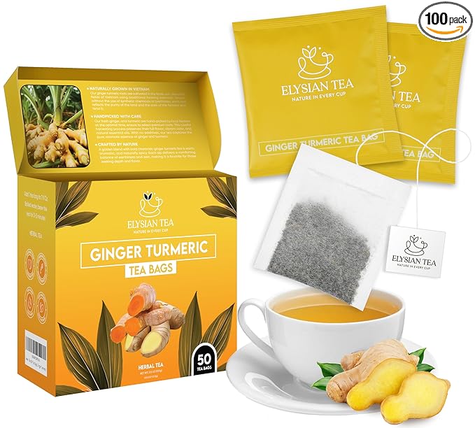 100 PACK Ginger-Turmeric Tea Bags – Individual Wrapped Tea Bags – All Natural Herbal Tea | Caffeine Free | No Preservatives, No Sugar, Non GMO – Great For All Seasons