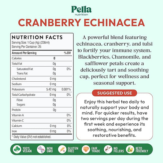 Cranberry Echinacea Chamomile Tea with Blackberries, Strawberry, Tulsi Basil & Safflower – Vegan Kosher Naturally Caffeine Free – Traditional Herbal Blend for Wellness & Antioxidant Rich (25 Tea Bags)