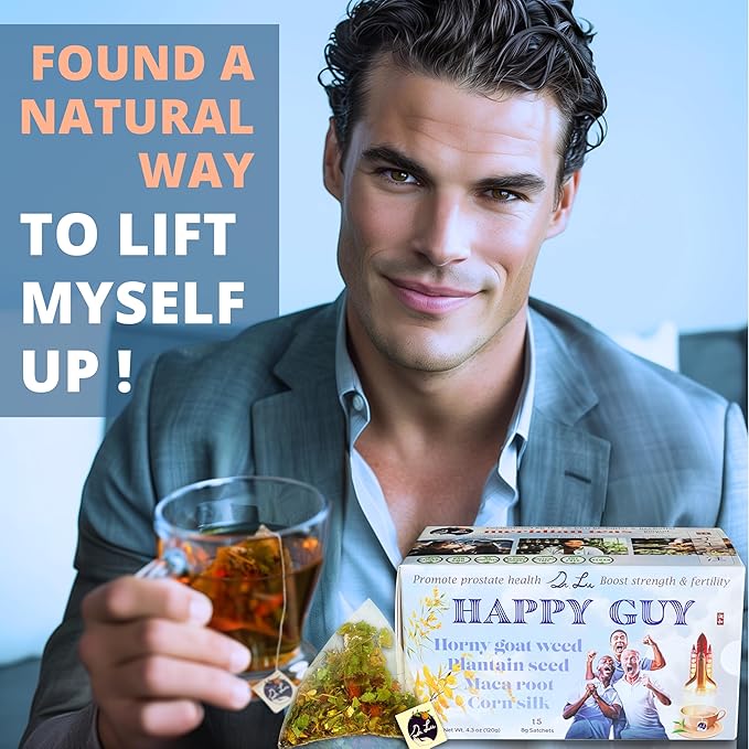 Dr. Lu’s Happy Tea for Guy | 100% Natural Energy Tea for Men | Supports Prostate, Vitality & Fertility | 11-Herb Blend with Maca, Corn Silk & Hibiscus in Corn Fiber Tea Bags Made in USA