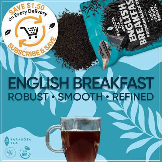USDA Organic English Breakfast Black Tea, Loose Leaf, 1 lb (16 oz) | Robust malty flavor, strong breakfast tea, high caffeine, bulk loose leaf, resealable bag, hot or iced tea