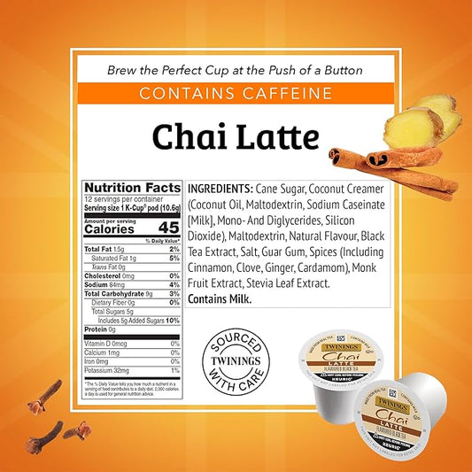 Twinings Chai Latte Black Tea 72 K-Cup Pods for Keurig, 12 Count (Pack of 6), Creamy, Slightly Sweet, Less Sugar, Caffeinated, Enjoy Hot or Iced