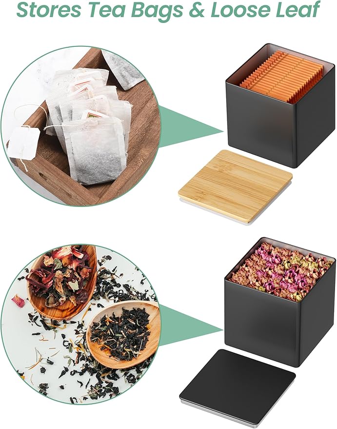NiHome Acrylic Tea Organizer with 9 Metal Canisters and Dual Lids, Transparent Storage Rack with Top Tray for Tea Bags or Coffee Accessories, Airtight Sealed Jars for Loose Leaf Tea, Spices, or Coffee
