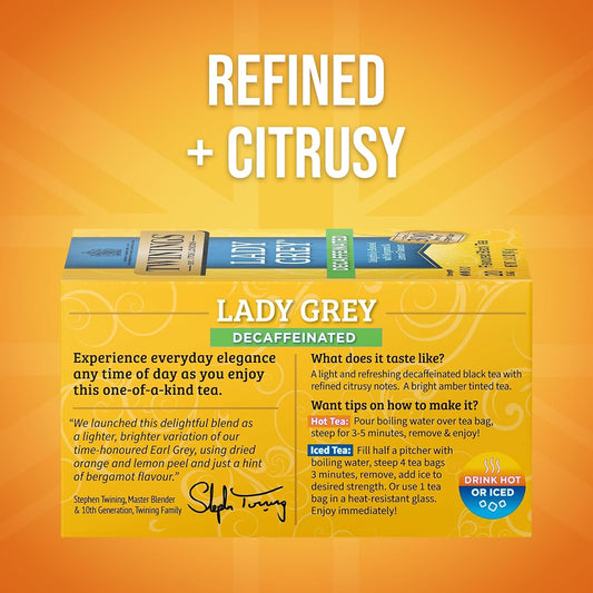 Twinings Decaffeinated Lady Grey Black Citrus Tea Bags, 20 CT Box (6 Pack) | Decaf Blk Tea, a Hint of Bergamot, Orange & Lemon Peel, Citrusy, 120 Foil Lined Individually Wrapped Bags, Hot or Iced