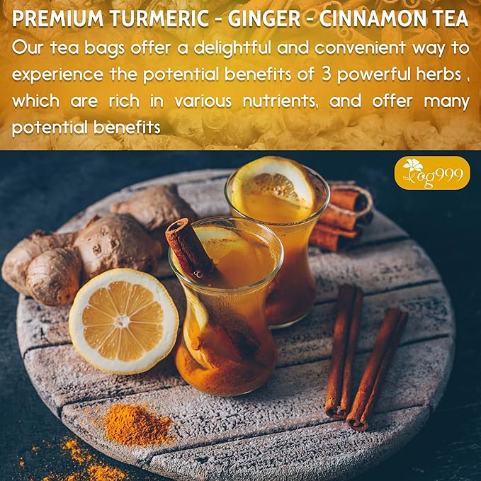 TOG999, 10 Turmeric, Ginger, Cinnamon Tea Bags, 100% Natural, Hand-made Blend of Turmeric, Ginger, and Cinnamon. Eco-conscious Tea Bags. No Sugar, No Caffeine, No Gluten, Vegan.