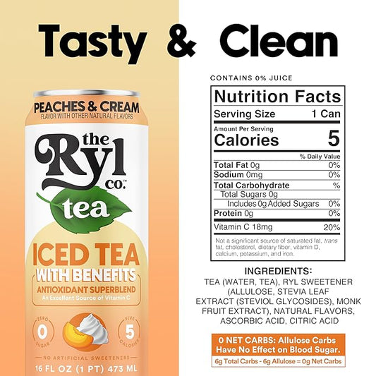 Ryl Peaches & Cream Iced Tea – Antioxidant Superblend, No Artificial Ingredients, Zero Sugar, Five Calories, Low Carb, Non-GMO, Kosher, Gluten Free, Made in the USA, 12-Pack, 16 Fl Oz