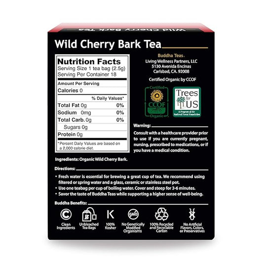 Buddha Teas Organic Wild Cherry Bark Tea - OU Kosher, USDA Organic, Ccof, 18 Bleach-Free Tea Bags