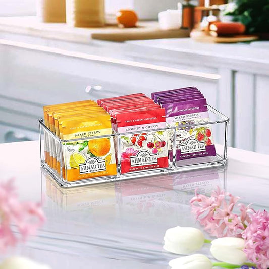 Amazing Abby - SereniTEA - Acrylic 3-Compartment Tea Bag Organizer, Clear Plastic Tea Box, 3-Slot Tea Chest, Perfect Tea Storage Solution for Kitchen Cabinet, Countertop, Pantry, and More