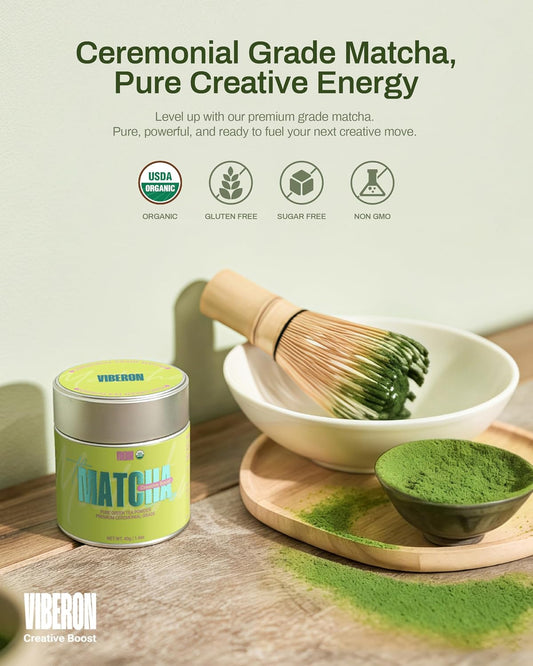 Viberon Organic Ceremonial Matcha Green Tea Powder - Premium Ceremonial Grade, USDA Certified, First Spring Harvest, 100% Pure - Sugar Free, Gluten Free (40g / 1.4oz Tin)