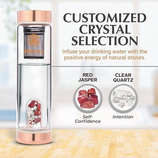 Almeara Crystal Water Bottle with Authentic Red Jasper Stones & Clear Quartz Removable Gemstones, Loose Leaf Tea Infuser - Relaxation