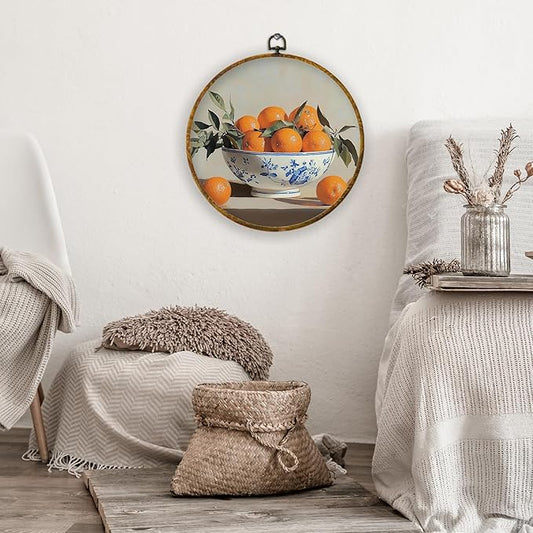 XPH Vintage Chinoiserie Orange Round Wall Art Framed, Retro Orange Circle Wall Decor, Blue and White Chinoiserie Bowl Citrus Fruit Hanging Canvas Prints for Kitchen Dining Room Home Decoration, 10x10 Inch