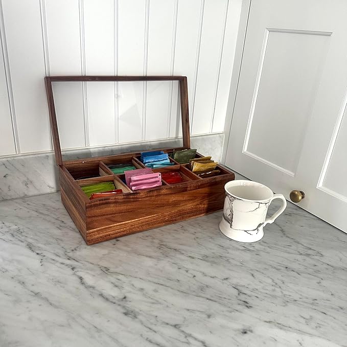 Ironwood Cornwall Tea Box, 8 Compartment Tea Organizer, Acacia Wood