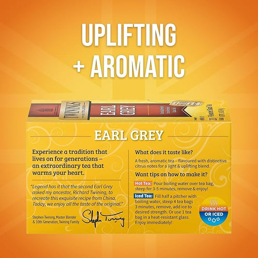 Twinings Earl Grey Black Tea Individually Wrapped Bags, 20 Count (Pack of 1), Flavoured with Citrus and Bergamot, Caffeinated, Enjoy Hot or Iced, 20 Teabags