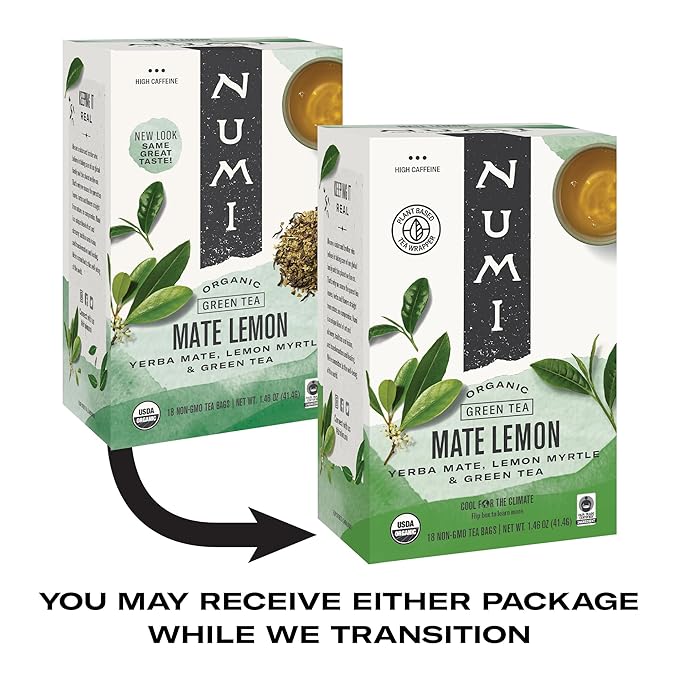 Numi Organic Tea Mate Lemon, 18 Count (Pack of 1) Box of Tea Bags, Yerba Mate Green Tea Blend (Packaging May Vary)