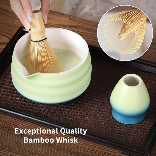 Matcha Bowl and Whisk Set - 7-Piece Kit Bamboo Matcha Whisk (Chasen), Ceramic Chawan, Sifter & Holder - All-in-One Matcha Making Kit Blue Green