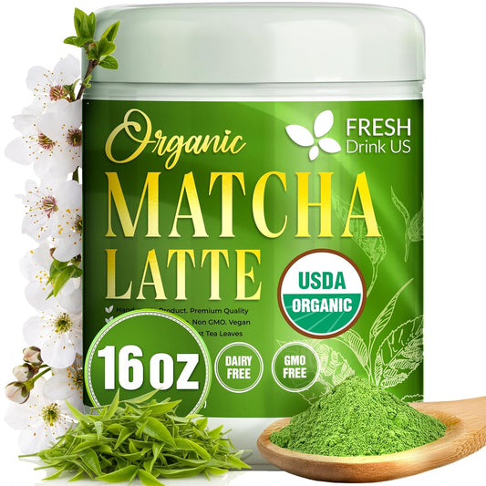 FreshDrinkUS, Matcha Latte Powder 16 oz – Premium Japanese-Style Blend for Smooth, Creamy Matcha Drinks – Perfect for Lattes, Baking, Smoothies & Daily Enjoyment. Vegan