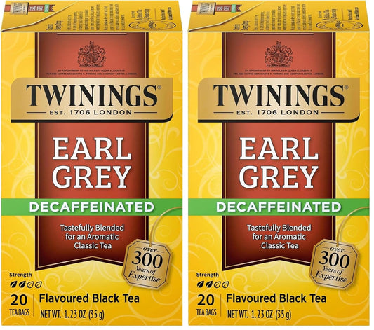 Twinings Decaffeinated Earl Grey Black Tea Individually Wrapped Bags, 20 Count (Pack of 2), Flavoured with Citrus and Bergamot, Enjoy Hot or Iced, 20 Teabags