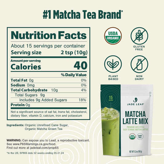 Jade Leaf Matcha Latte Mix, Original, 150g / 5.3oz | Sift-Free Matcha Powder for Lattes - Lightly Sweet Matcha Green Tea Powder w/ Unrefined Cane Sugar - Easy to Make