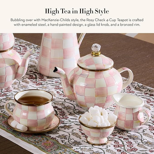 MACKENZIE-CHILDS Enamel Teapot, Cute Small Teapot with Lid, 4-Cup Capacity, Pink-and-White Rosy Check