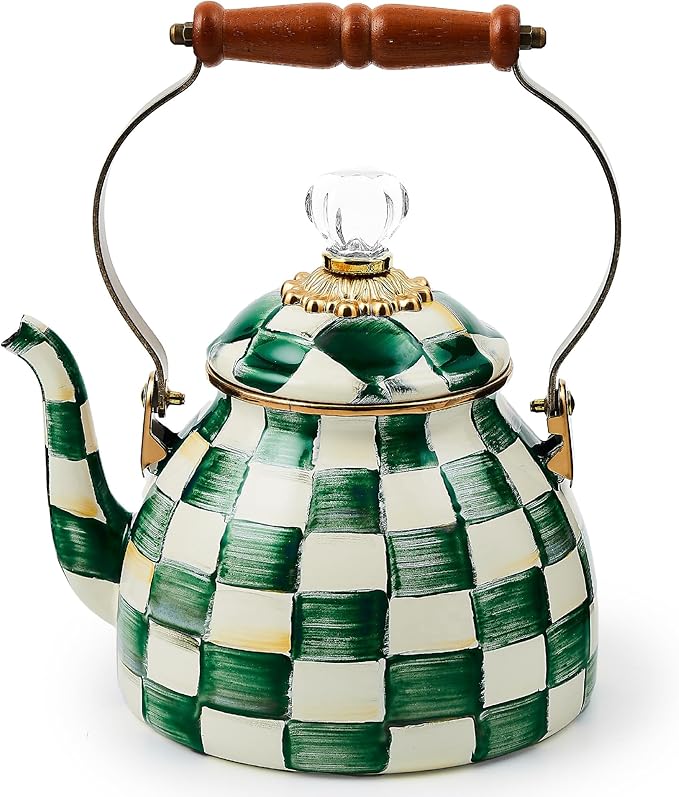 MACKENZIE-CHILDS Enamel Tea Kettle, Stylish Tea Kettle for Stovetop, Green-and-White Emerald Check,