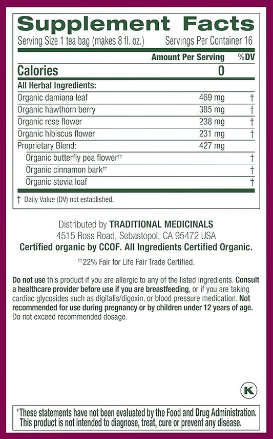 Traditional Medicinals Organic, Rosy Mood, Damiana & Butterfly Pea Flower - Uplifting Mood Support - Kosher, Non-GMO, Caffeine-Free, Compostable - 16 Tea Bags