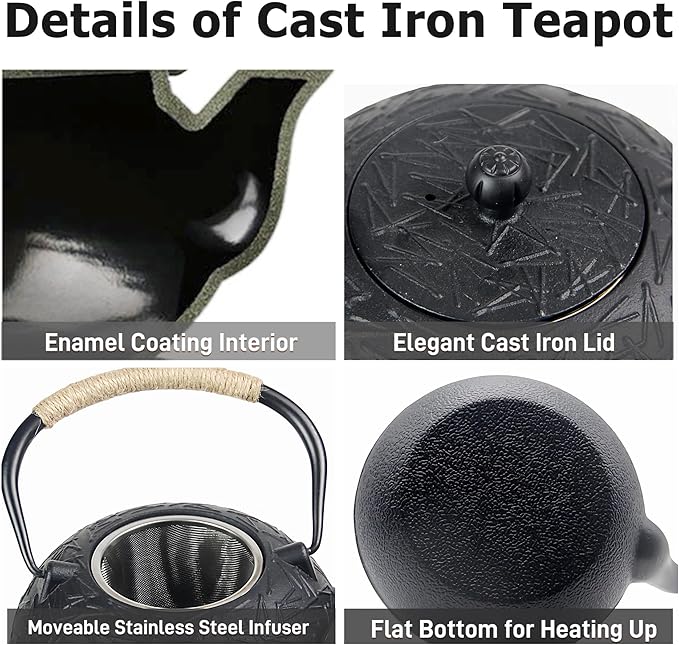 60.9oz YJX Cast Iron Teapot, Japanese Tetsubin Tea Kettle for Stovetop Safe, Cast Iron Tea Pot with Infuser for Loose Leaf, Black Kettle Teapot