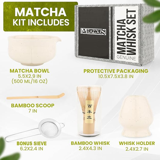 Matcha Whisk Set – 5 Piece Japanese Matcha Tea Set w/Ceramic Matcha Bowl, 100-Prong Bamboo Whisk & Holder, Scoop, & Stainless Sifter – Traditional Matcha Making Kit (Off-White)