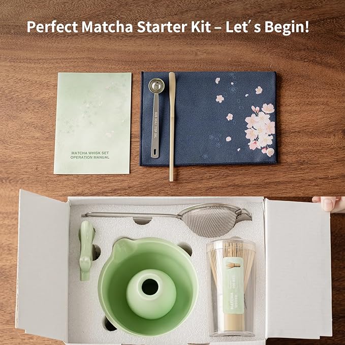 Matcha Whisk Set of 8 - Htrcxb Ceramic Matcha Set, Include Matcha Bowl, Matcha Whisk and Holder, Bamboo Scoop, Measuring Spoon, Scoop Rest