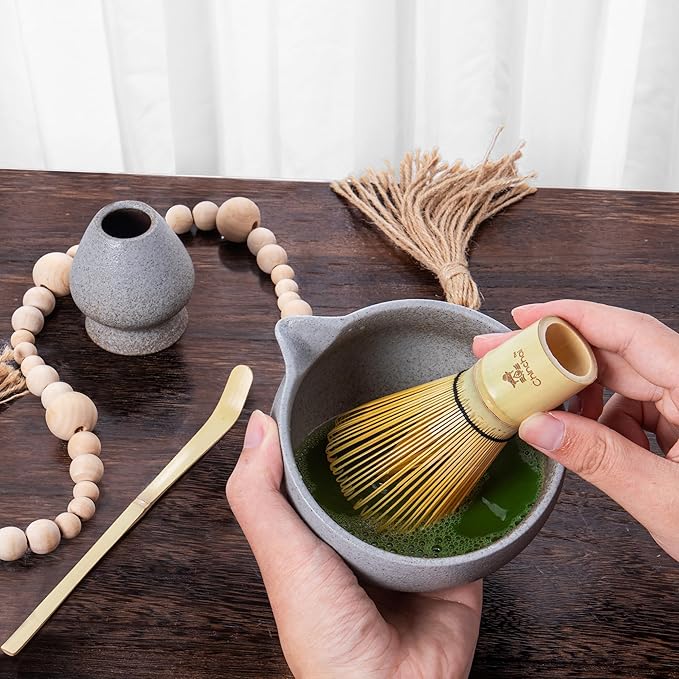 Stone-Texture Gray Matcha Whisk Set with Pouring Spout – Japanese Matcha Kit with Handcrafted Ceramic Bowl, Bamboo Whisk, Scoop
