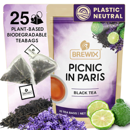 BREWIX, Earl Grey with Lavender Tea, Picnic in Paris Black Tea (25 Pyramid Tea Bags) | Black Tea with Bergamot, Lavender and Vanilla Notes | Gourmet Tea