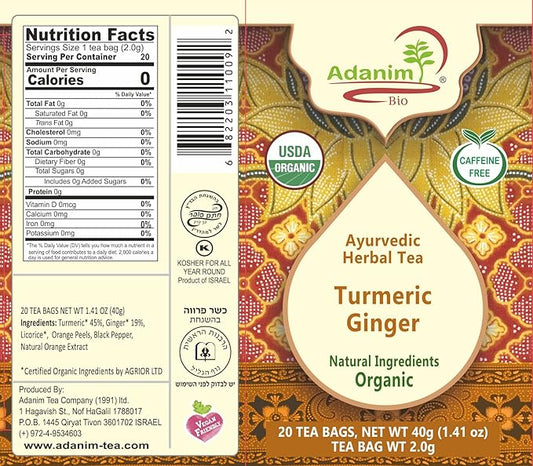 Adanim Bio Ginger Turmeric Tea, Value Pack 80 Teabags, Caffeine-free Organic Blend of Soothing and Flavorful Herbal Infusion for Overall Well-being