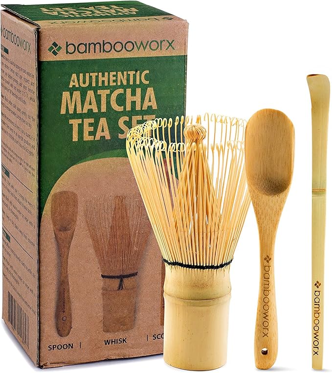 BambooWorx Matcha Whisk Set - (Chasen), Traditional Scoop (Chashaku), Tea Spoon. The Perfect Sets to Prepare a Traditional Cup of Japanese Tea
