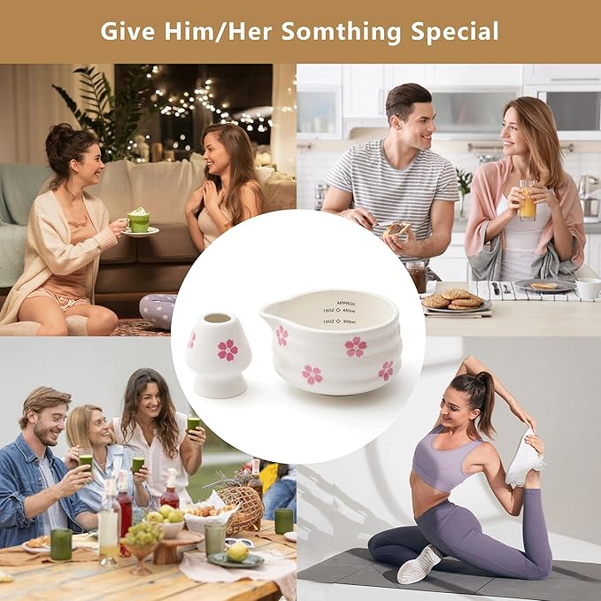 2pcs Matcha Bowl with Whisk Holder, Ceramic Cherry Blossom Matcha Bowl with Spout, 16.5OZ Porcelain Bowl with Measurement Marks,Tea Mixing Bowl with Whisk Stand, Matcha Gift (sakura)